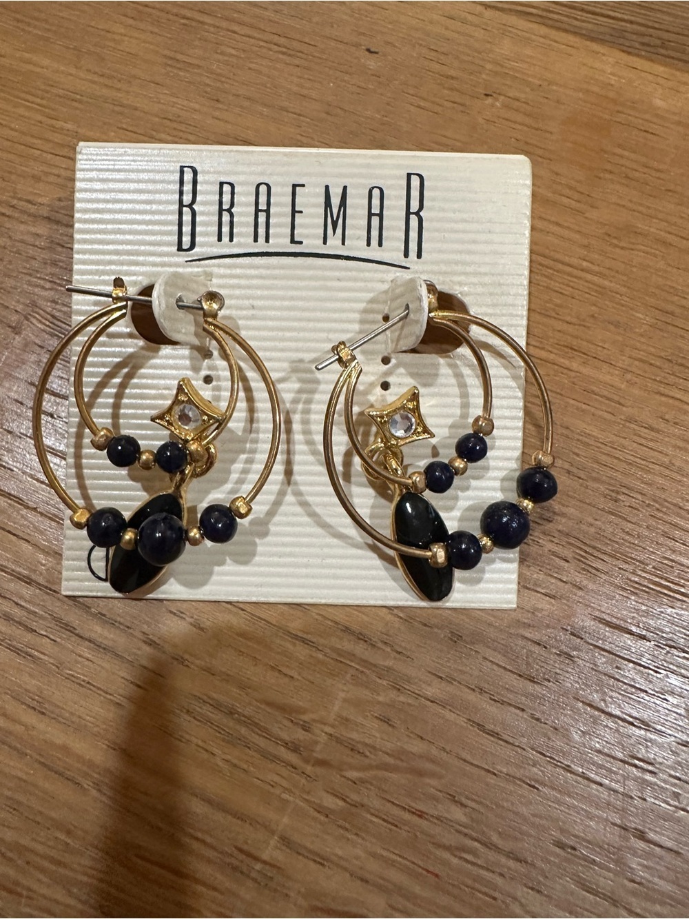 Braemar Gold Hoop Earrings with Black Beads